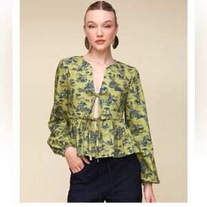 Anthropologie Avec Les Filles green and blue linen tie-front blouse